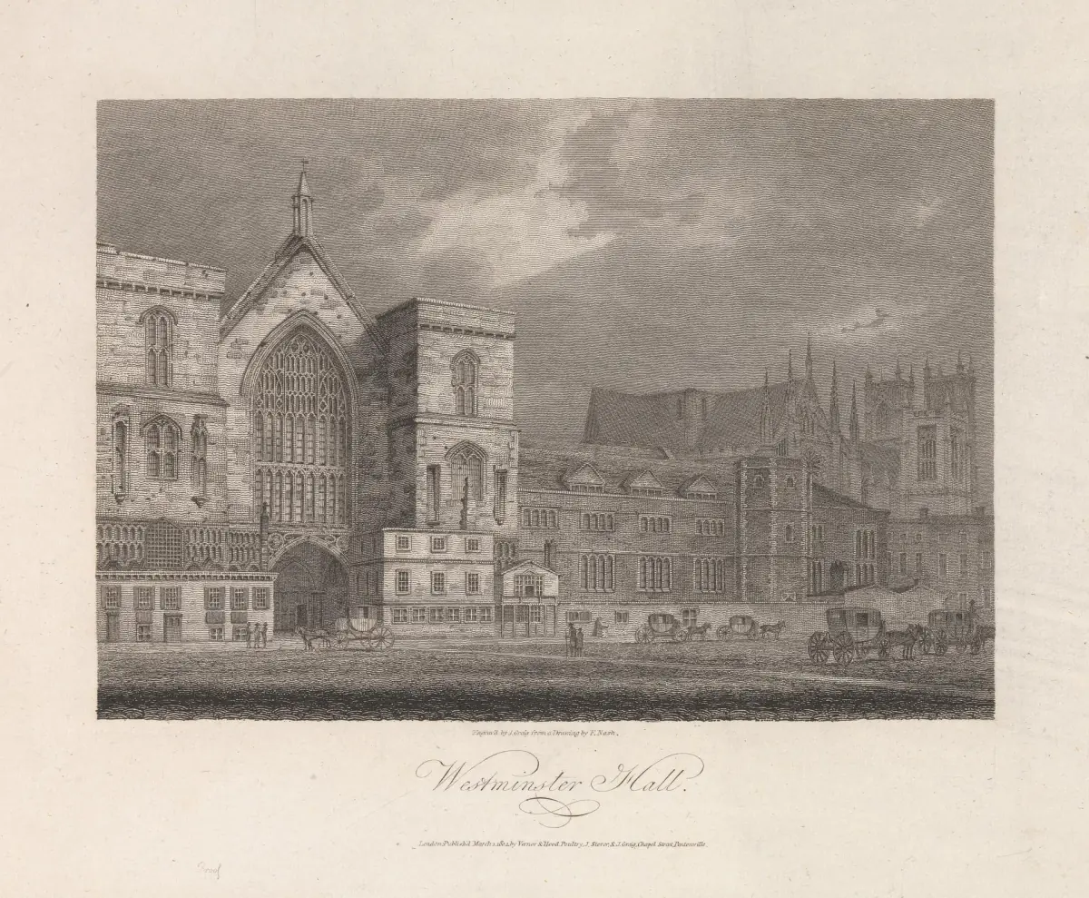 An engraving of the Westminster Hall front